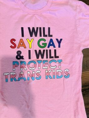 Kids Pink Graphic Tee - I Will Say Gay & Protect Trans Kids
